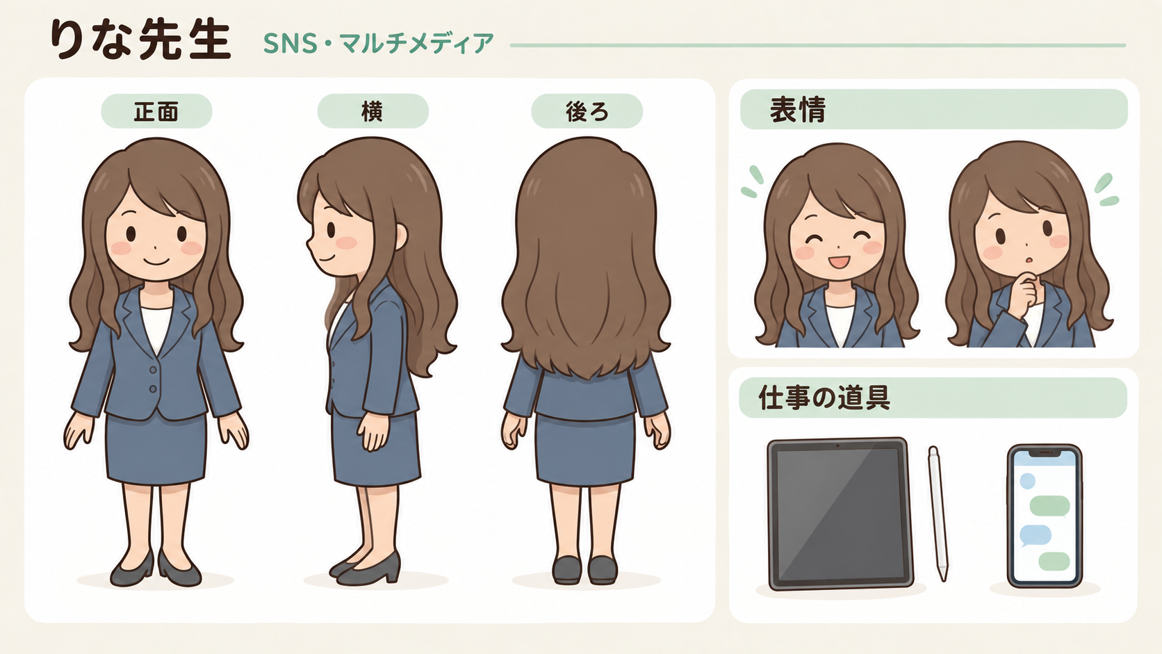 りな先生の正面・横・後ろ姿、表情と持ちものの設定画