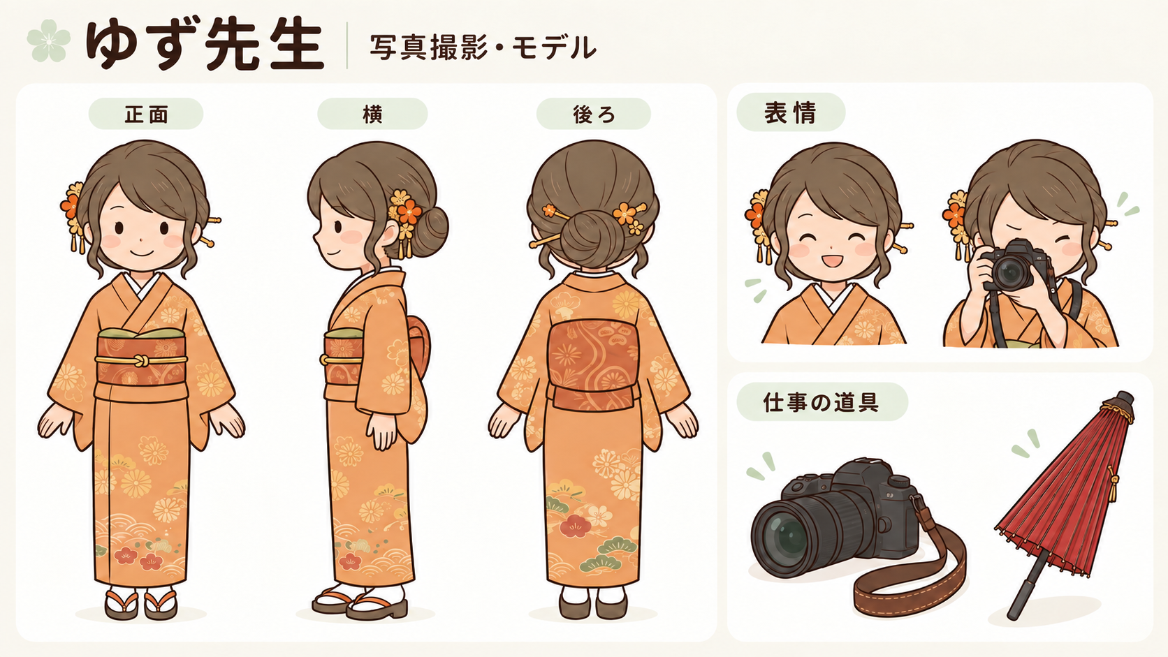 ゆず先生の正面・横・後ろ姿、表情と持ちものの設定画