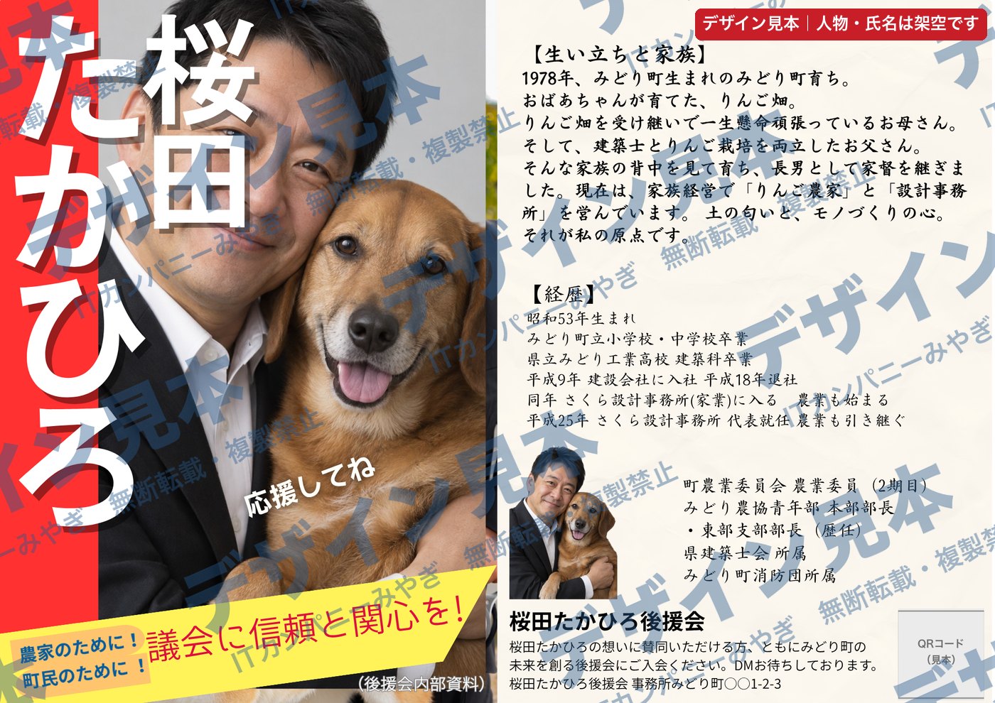 架空の候補者「桜田たかひろ」のチラシ見本の表。大きな名前と犬を抱いた写真、生い立ちと経歴