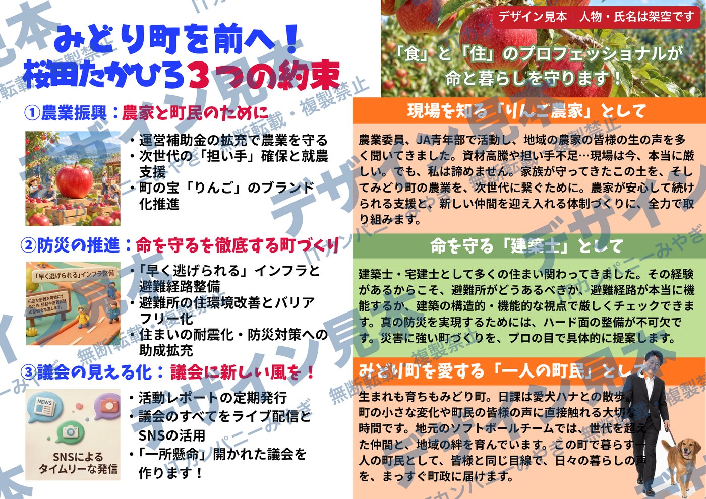 架空の候補者「桜田たかひろ」のチラシ見本の裏。3つの約束と、りんご農家・建築士・町民としての紹介