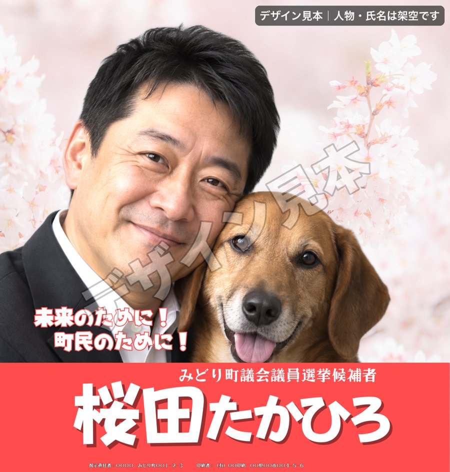 桜を背景に犬と並んだ架空の候補者「桜田たかひろ」の選挙ポスターデザイン見本